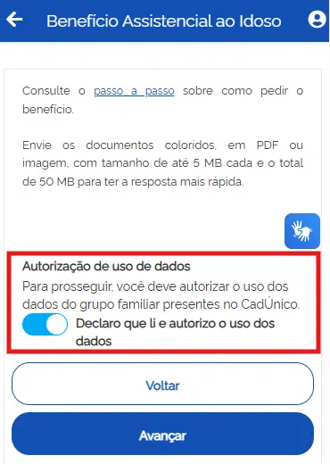 Autorização uso de dados BPC no Meu INSS