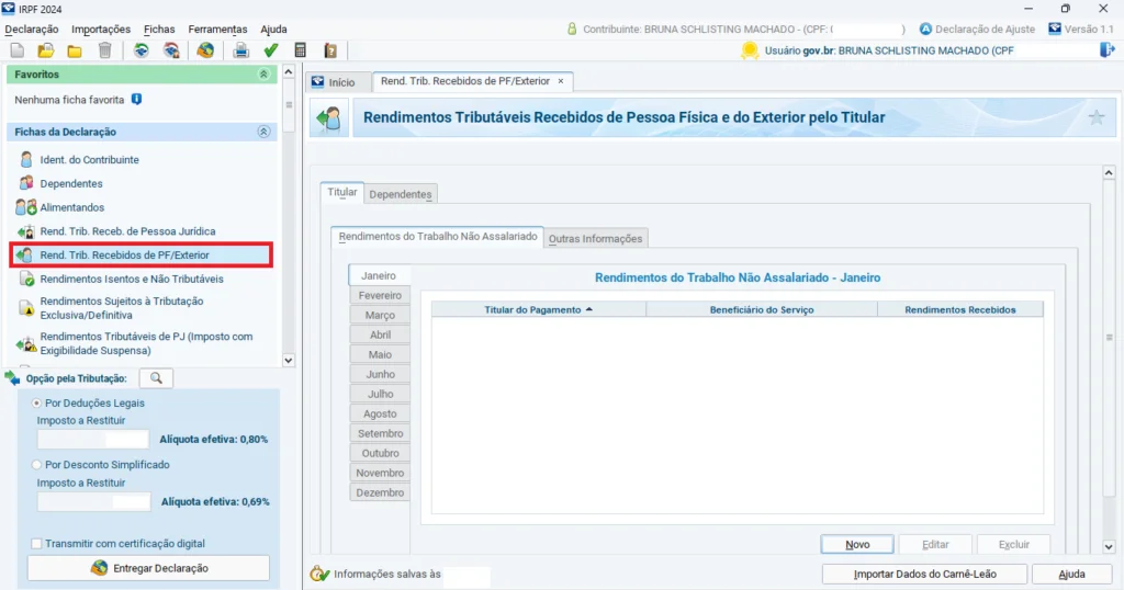 Rendimento recebidos do Exterior