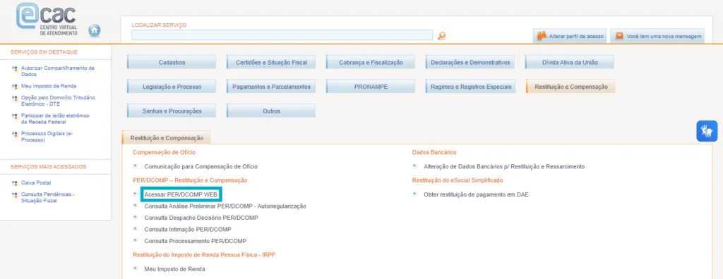Acessar PER/DCOMP WEB no Portal e-CAC