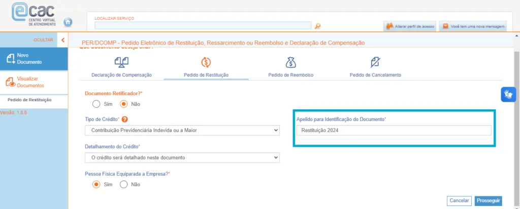 Apelido para identificação do documento de restituição no Portal e-CAC