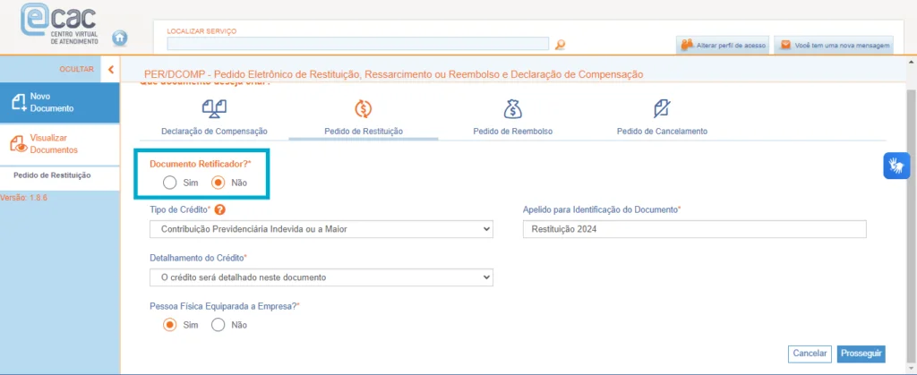 Documento retificador no Portal e-CAC