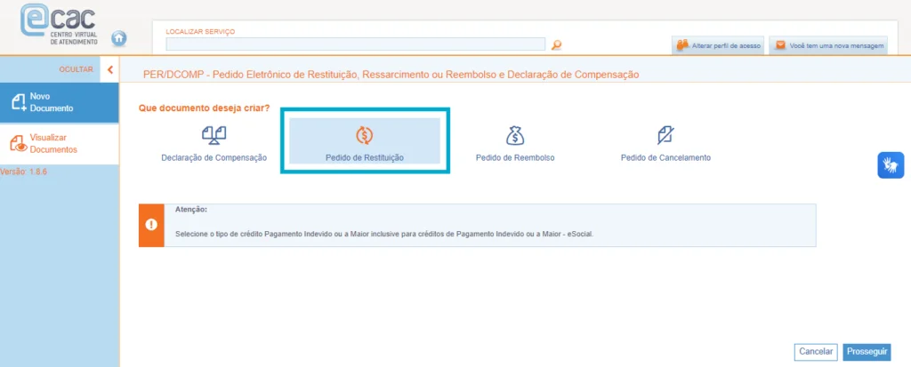 Pedido de restituição no Portal e-CAC