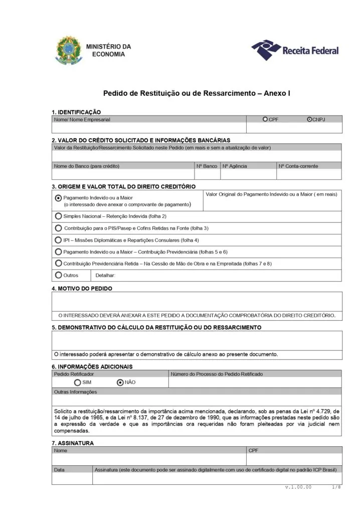 Formulário do pedido de restituição