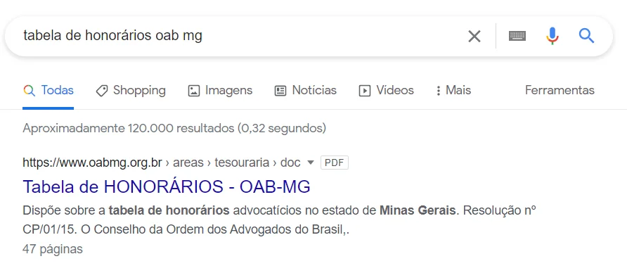 buscador do google tabela de honorários oab mg