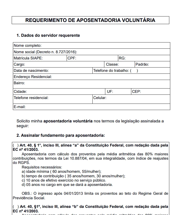 requerimento de aposentadoria voluntária servidor público