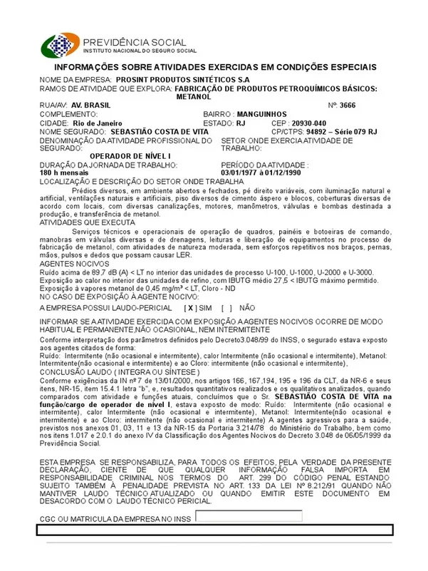 exemplo documento para comprovar atividade especial