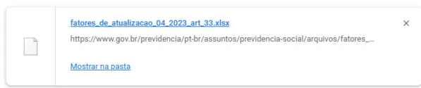 planilha com os fatores de atualização monetária dos salários de contribuição