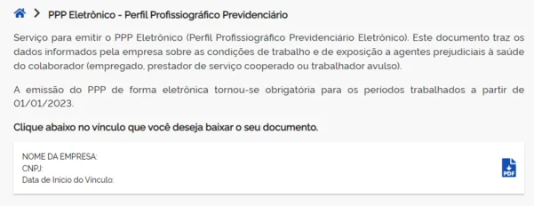 Imagem de acesso do PPP eletrônico no Meu INSS.