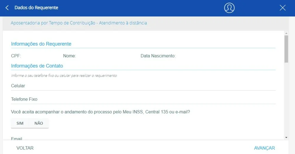Preenchimento de dados do requerente no Meu INSS.