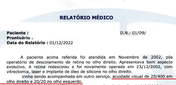 relatório médico atestando visão monocular