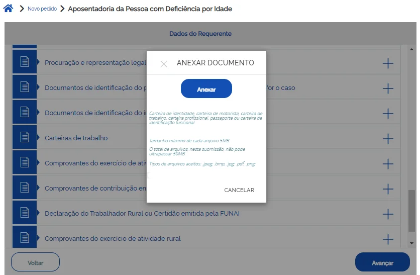 meu inss anexar documentos para pedir aposentadoria da pessoa com deficiência por idade