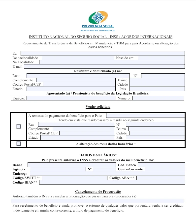 Requerimento de Transferência de Benefícios em Manutenção - TBM para país Acordante ou alteração dos dados bancários