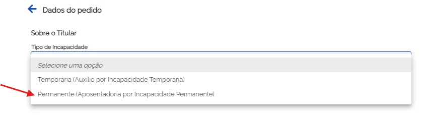 selecionar opção benefício por incapacidade meu inss