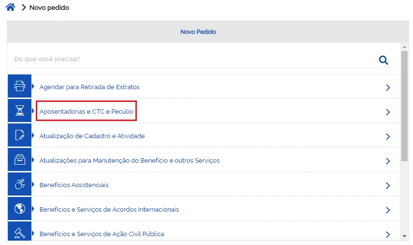 meu inss pedido aposentadoria CTC e pecúlio