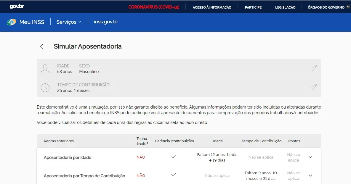 Simulador de aposentadoria.